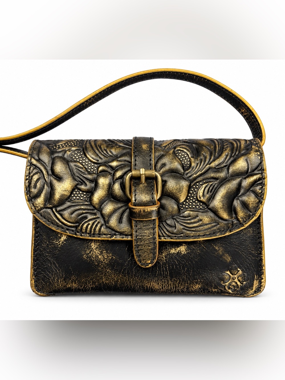 Patricia Nash Black Gold Tooled Leather Crossbody Bag Western Boho
